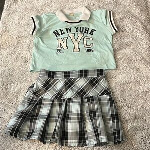 NYC Graphic Tee and Plaid Skirt Set